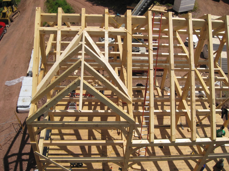Overhead shot of a timber frame dutch saltbox structure