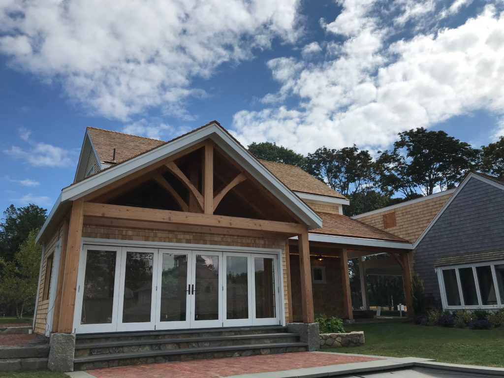Finished exterior of a timber frame pavilion